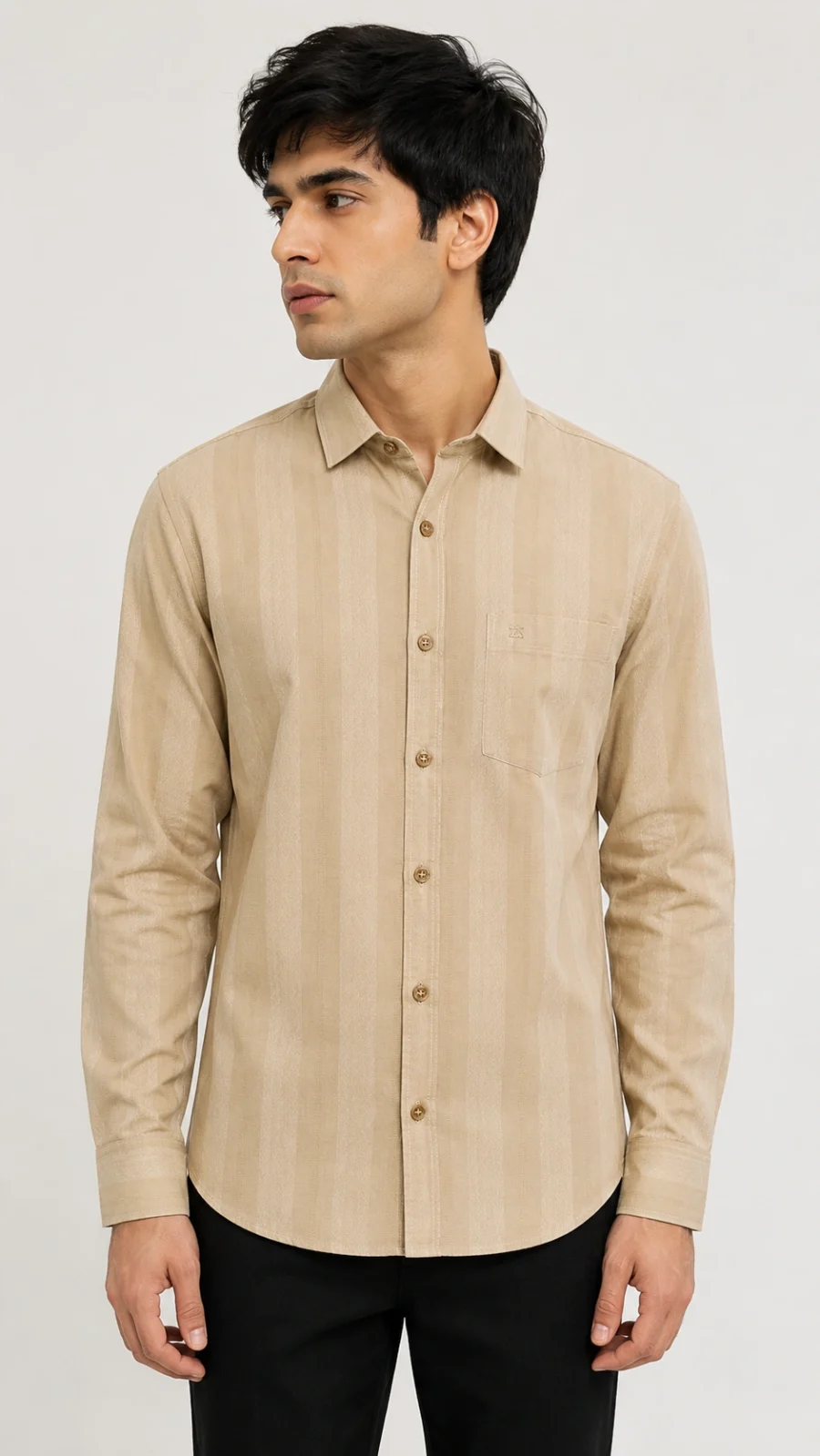 Men's Beige Textured Vertical Stripe Full Sleeve Casual Shirt