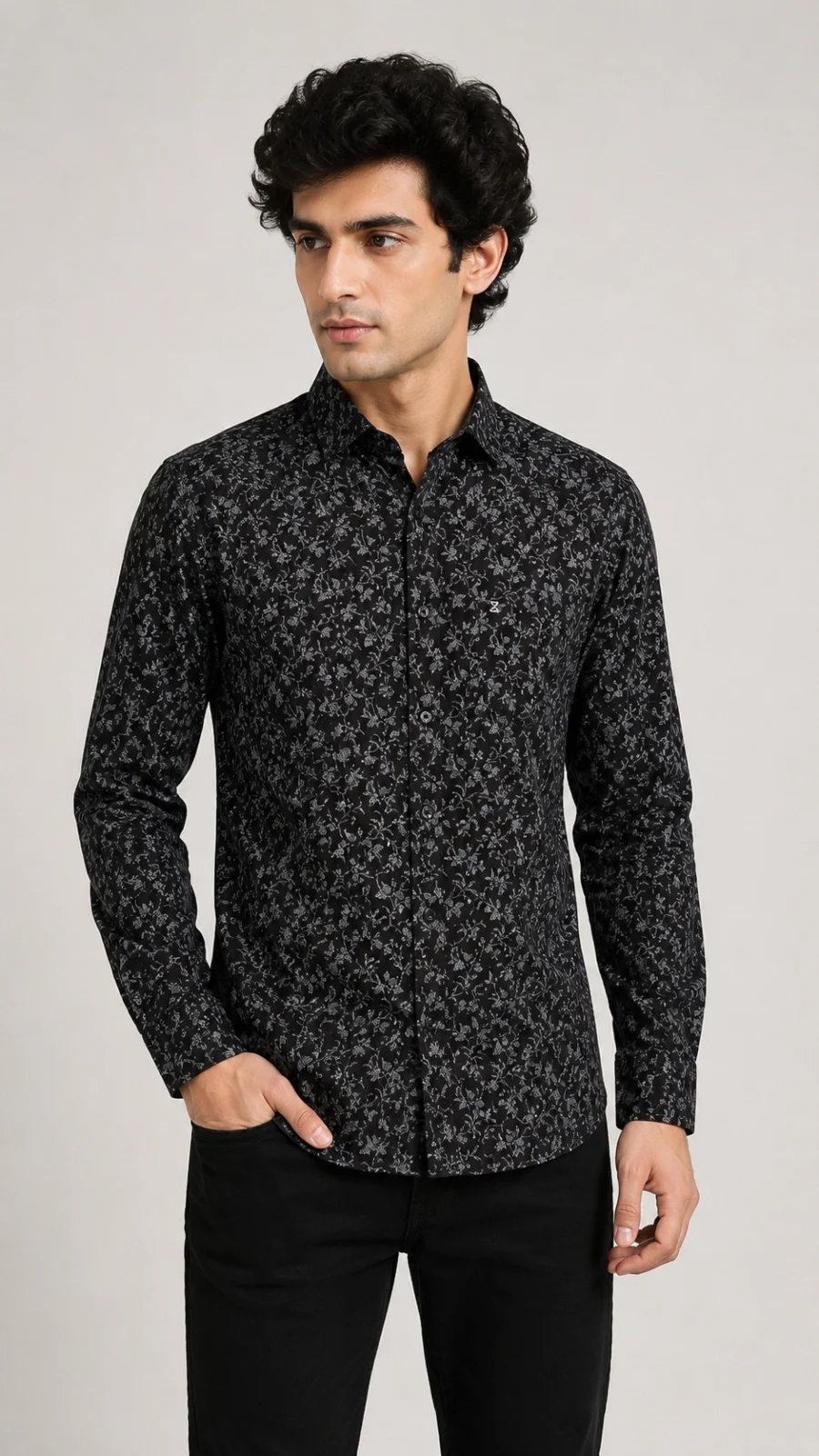 Men's Black Floral Printed Full Sleeve Casual Shirt