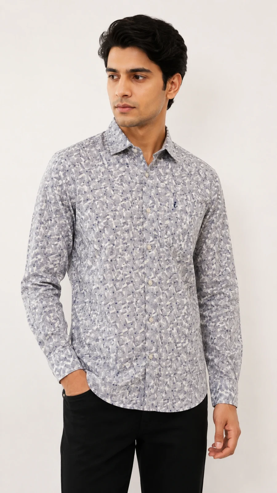 Men's Grey Geometric Printed Full Sleeve Casual Shirt