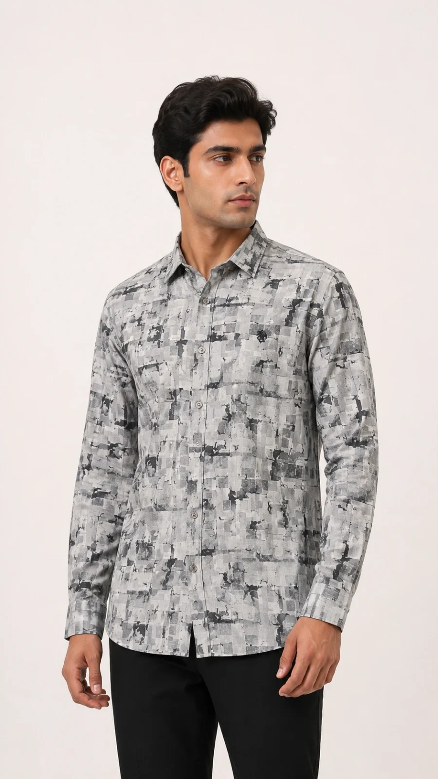 Men's Grey Abstract Printed Full Sleeve Cotton Blend Casual Shirt