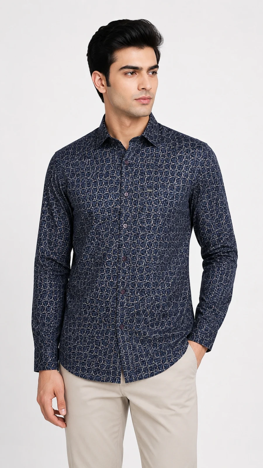 Men's Navy Blue Geometric Printed Full Sleeve Casual Shirt