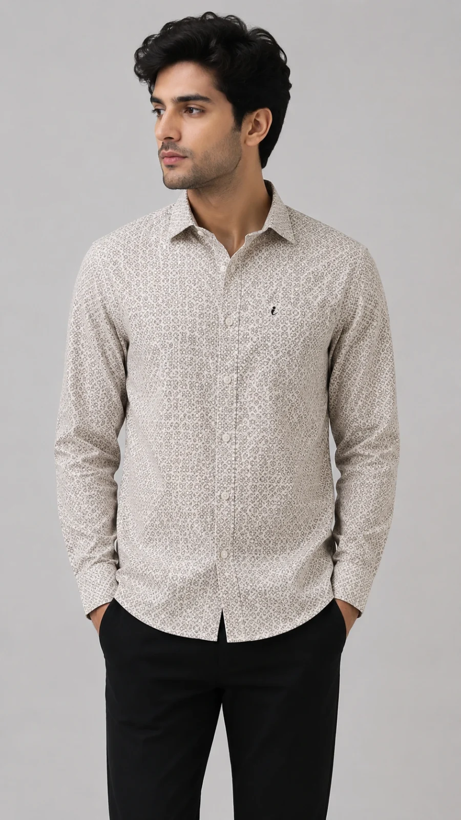 Men's White & Grey Geometric Printed Full Sleeve Casual Shirt