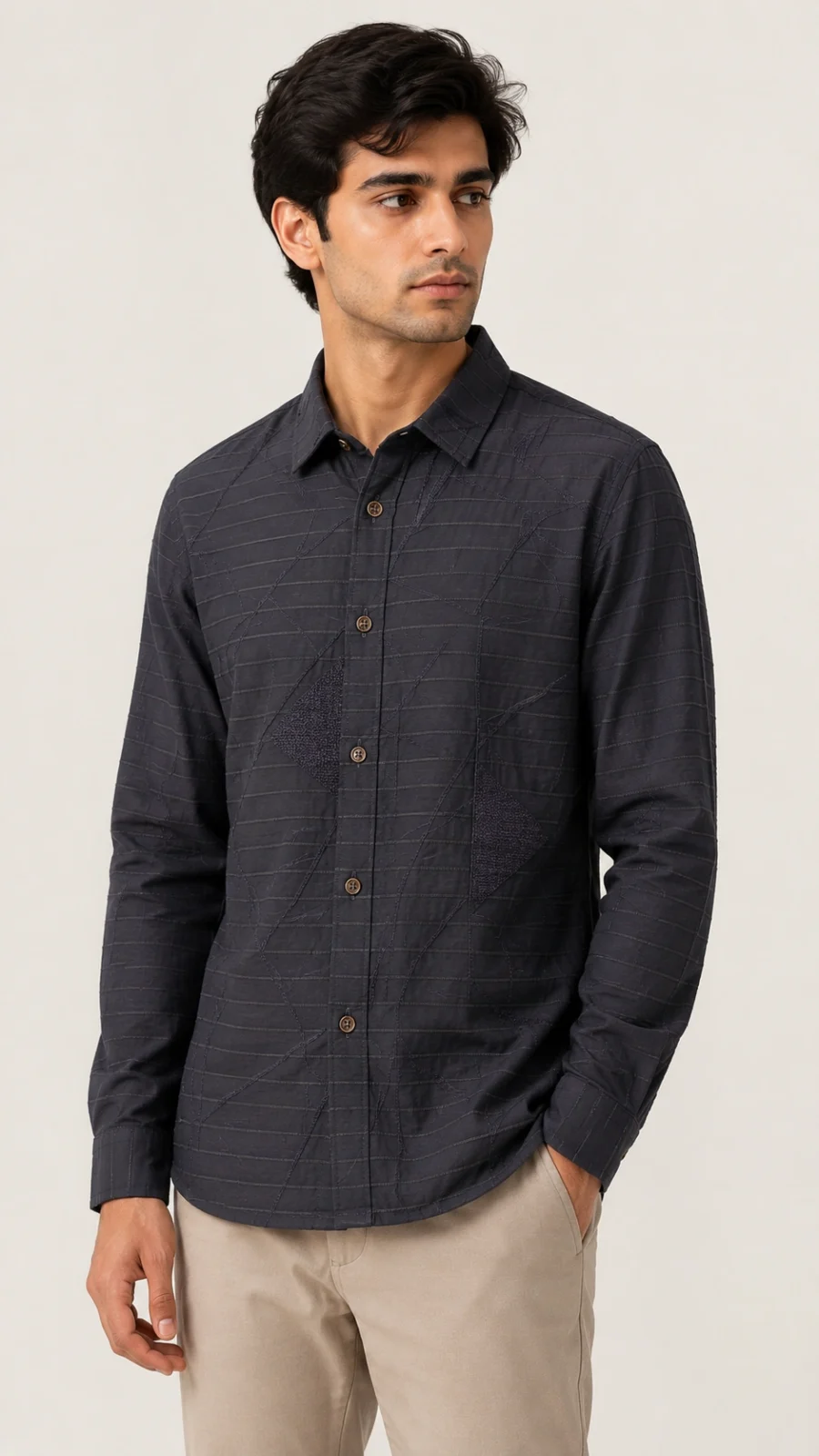 Men's Charcoal Grey Geometric Textured Full Sleeve Casual Shirt