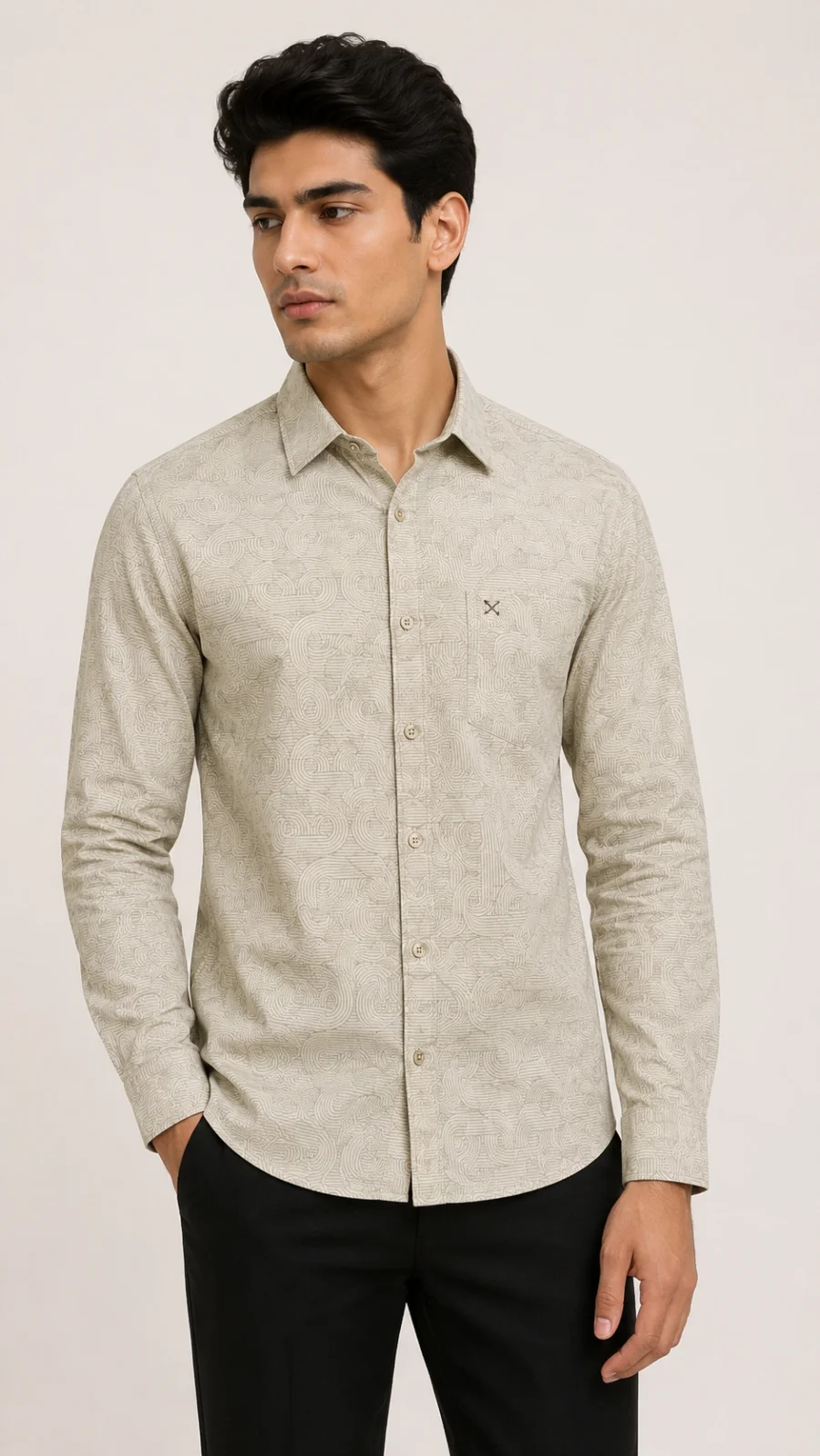 Men's Beige Geometric Printed Full Sleeve Casual Shirt