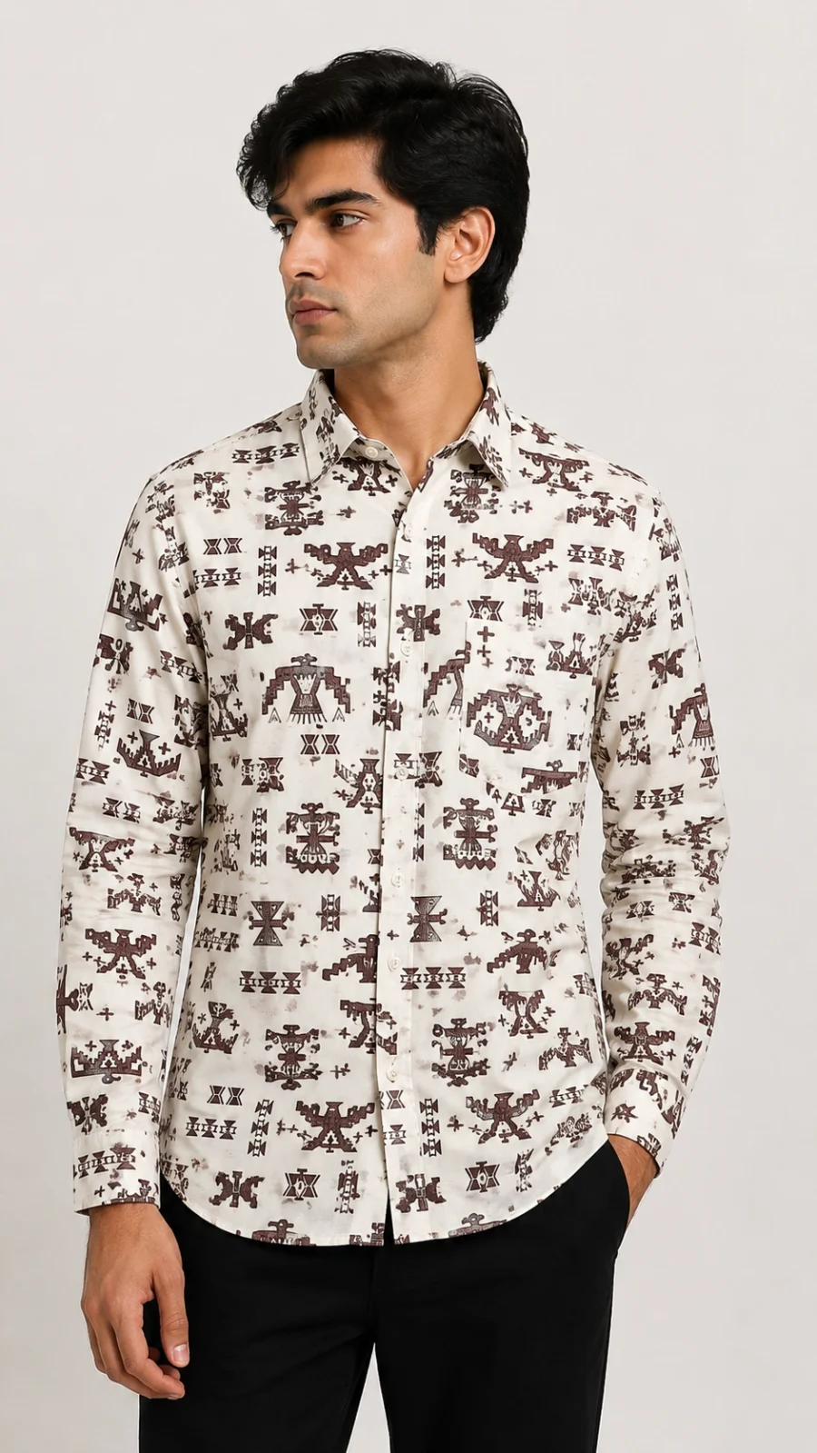 Men's Off-White Tribal Print Full Sleeve Casual Shirt