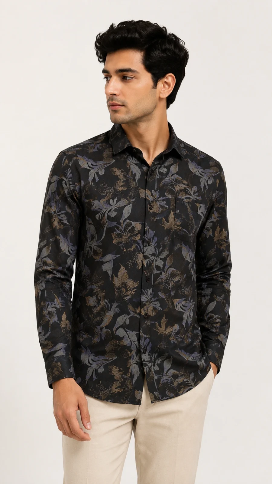 Men's Black Floral Print Premium Cotton Full Sleeve Shirt
