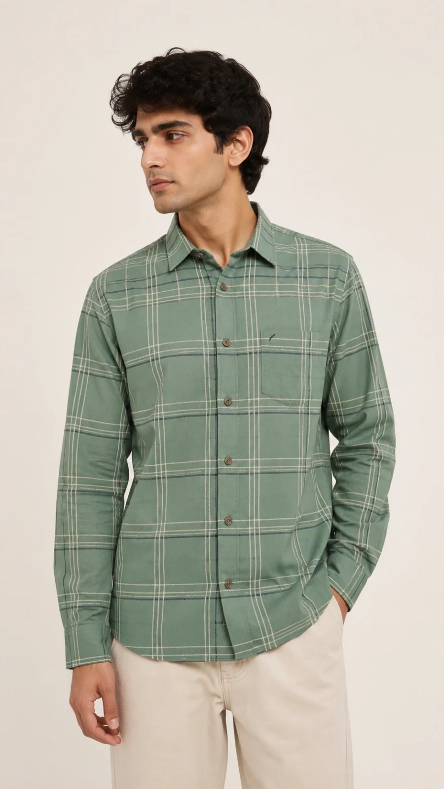 Men's Sage Green Windowpane Check Full Sleeve Casual Shirt