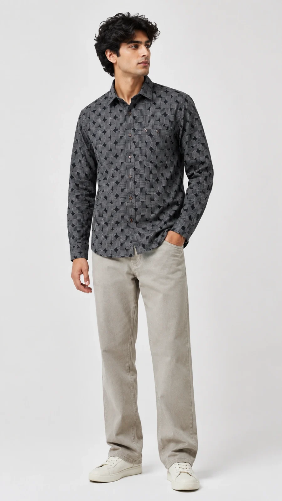 Men's Charcoal Grey Geometric Printed Full Sleeve Casual Shirt