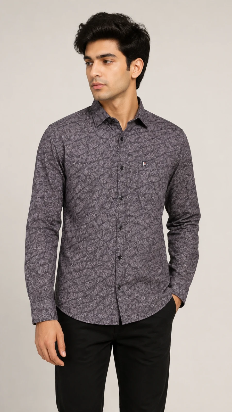 Men's Grey Geometric Printed Full Sleeve Casual Shirt