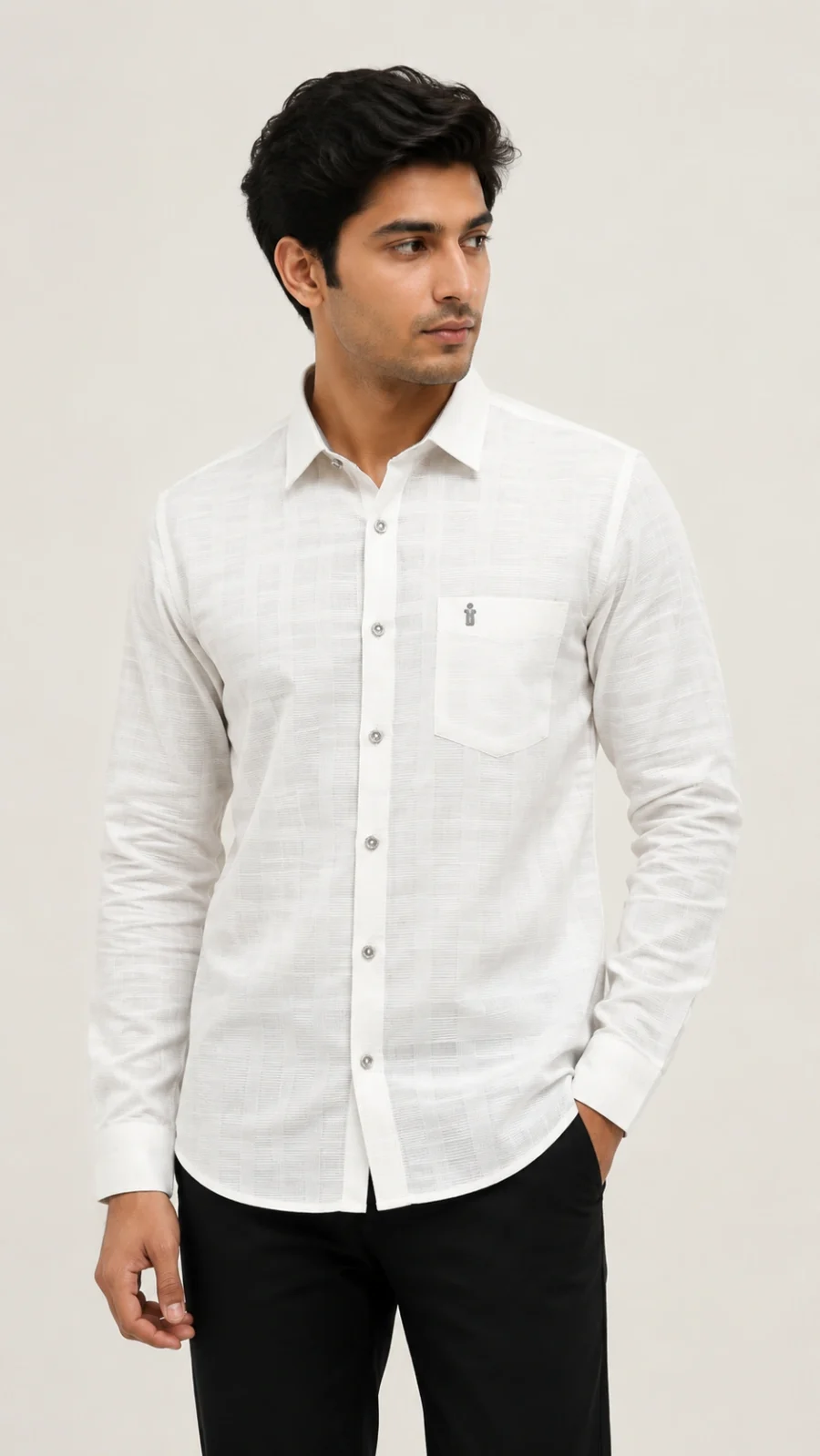 Men's White Textured Full Sleeve Casual Shirt