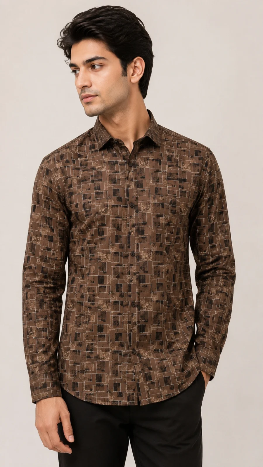 Men's Brown Geometric Print Full Sleeve Casual Shirt