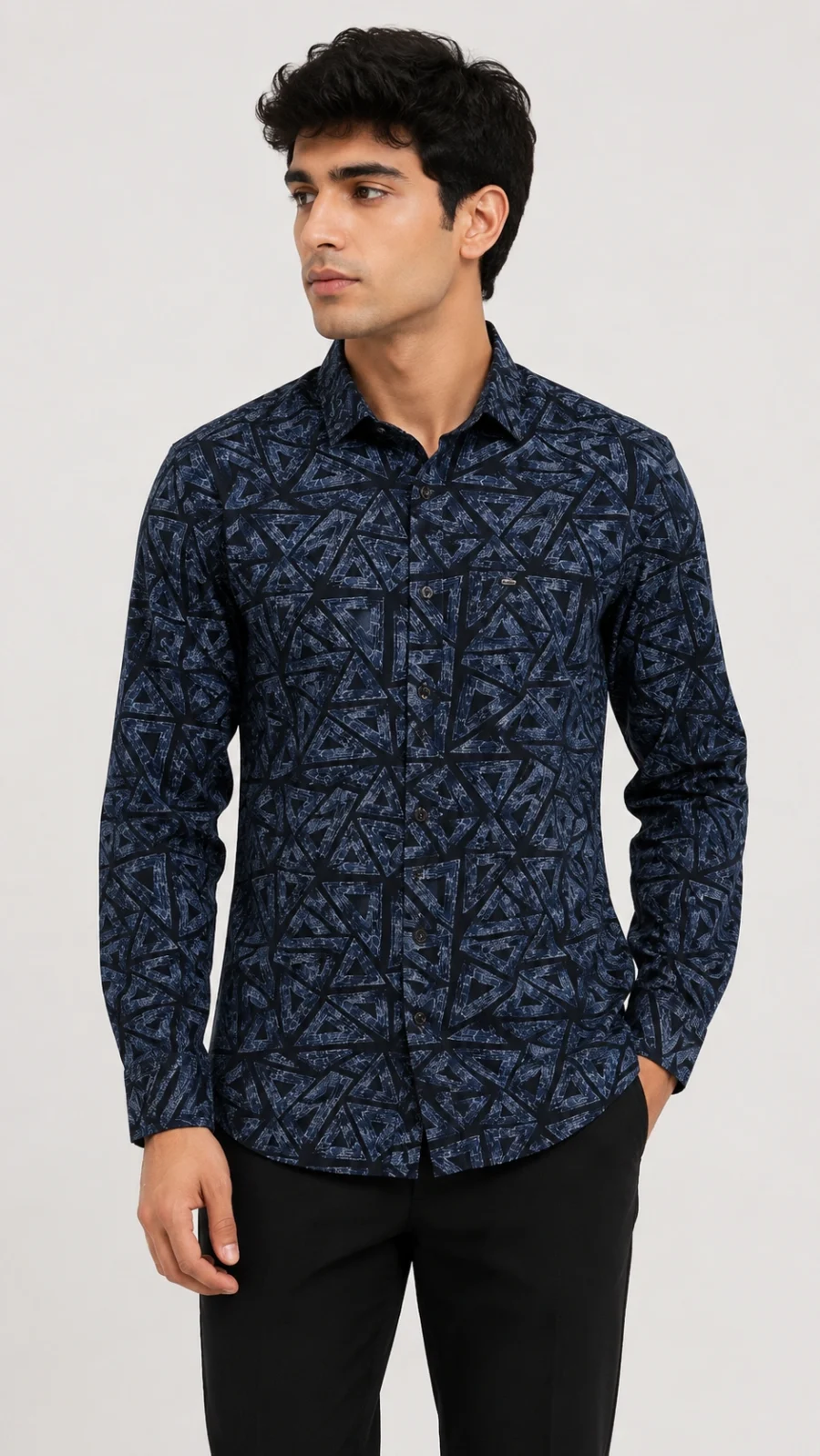 Men's Navy Blue Geometric Printed Full Sleeve Casual Shirt
