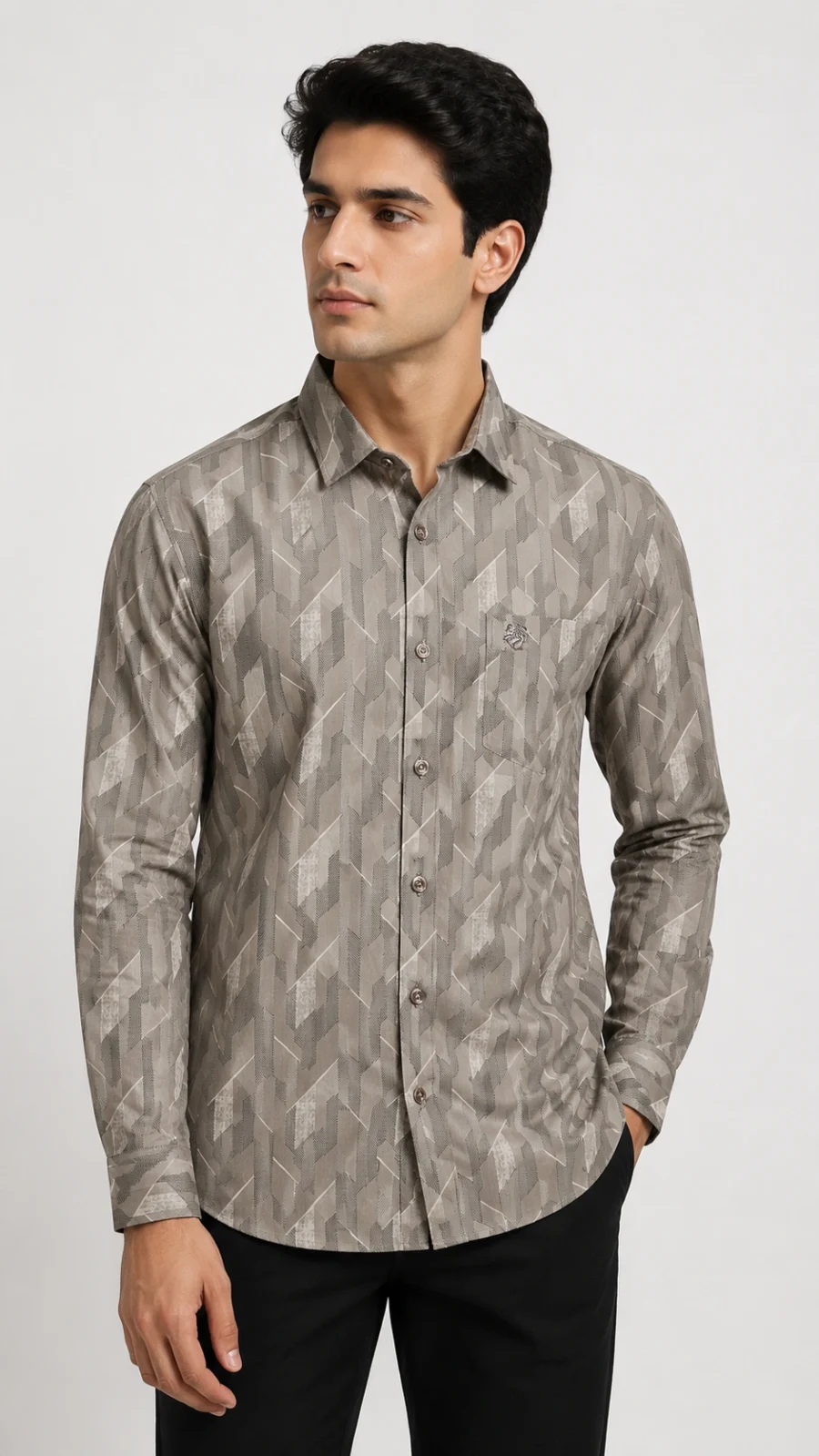 Men's Grey Geometric Printed Full Sleeve Casual Shirt
