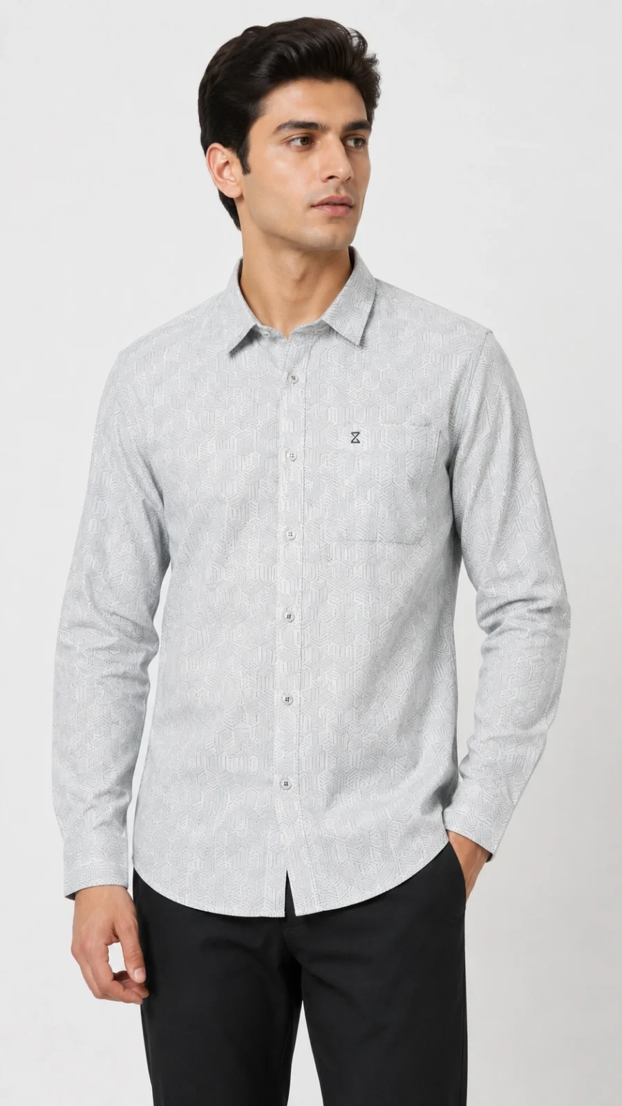 Men's Light Grey Geometric Print Full Sleeve Casual Shirt
