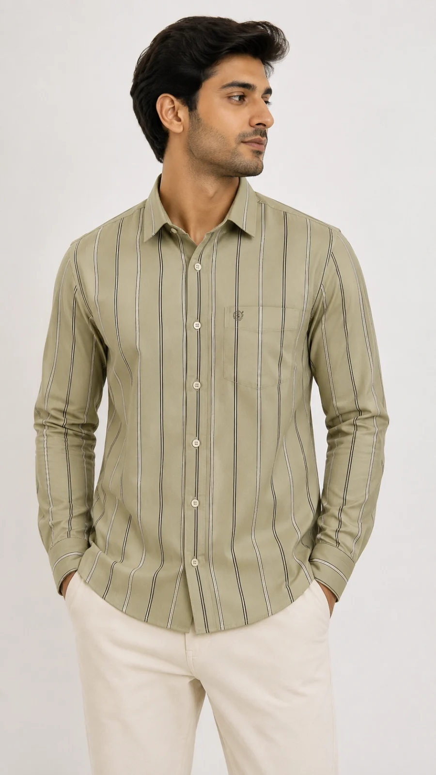 Men's Olive Green Vertical Stripe Full Sleeve Casual Shirt