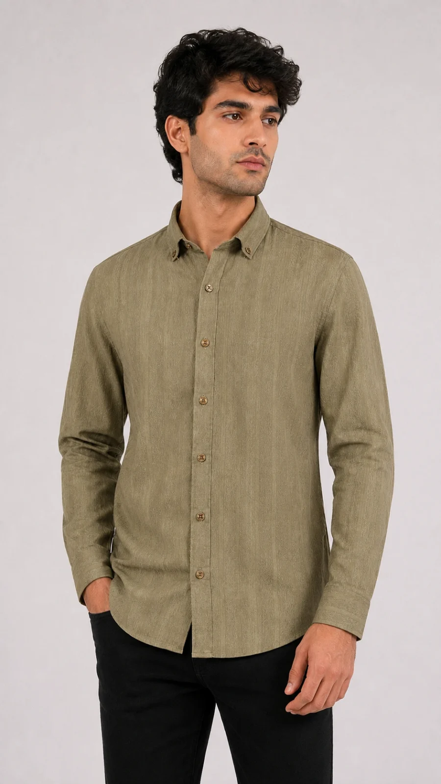 Olive Textured Vertical Stripe Full Sleeve Casual Shirt