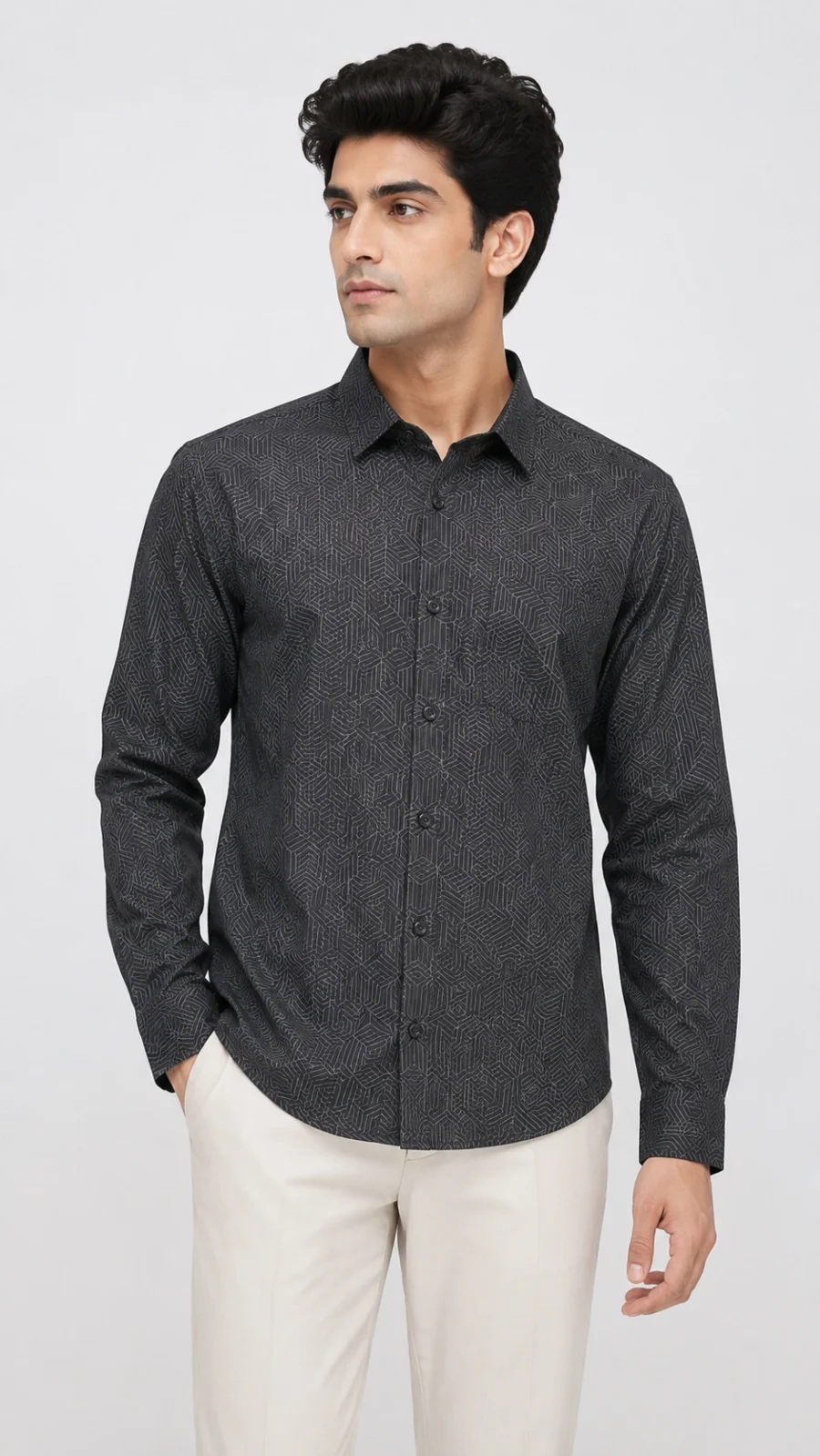Men's Charcoal Grey Geometric Printed Full Sleeve Casual Shirt