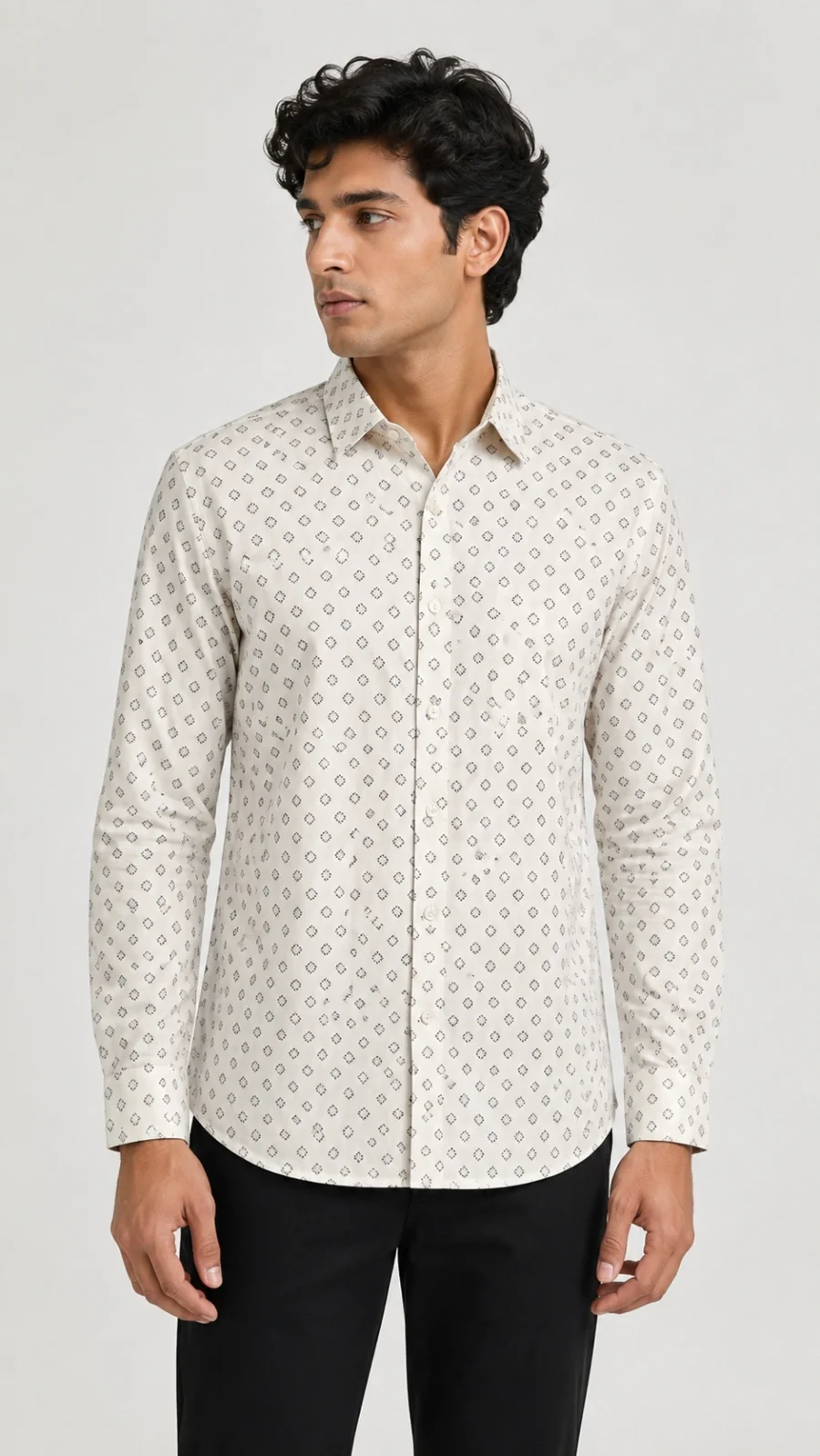 Men's Off-White Geometric Printed Full Sleeve Casual Shirt