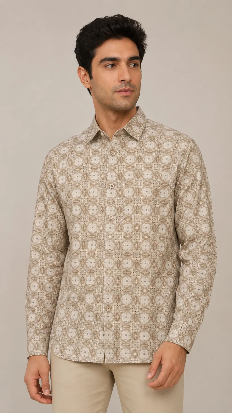 Men's Beige Geometric Printed Full Sleeve Casual Shirt