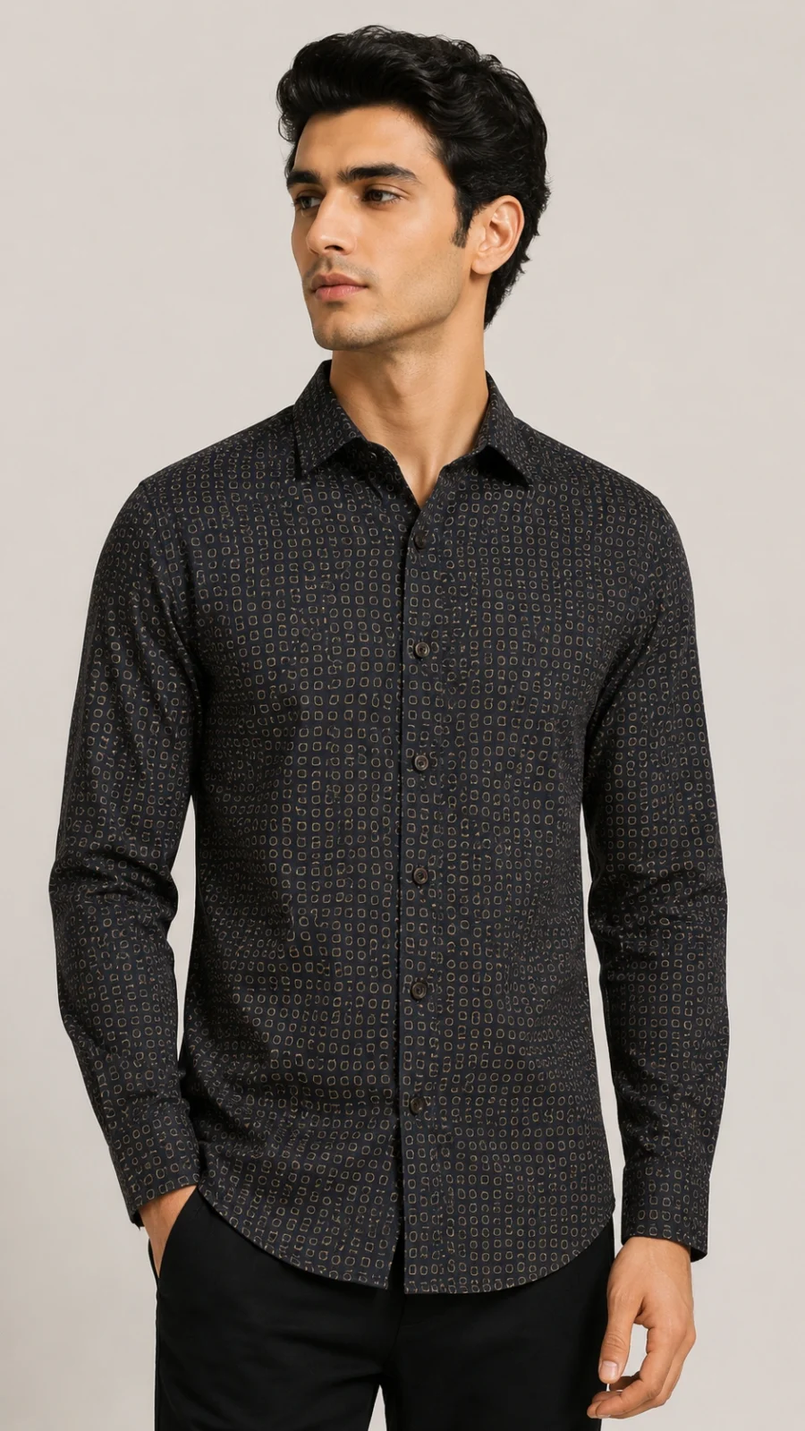 Men's Black Geometric Print Full Sleeve Casual Shirt