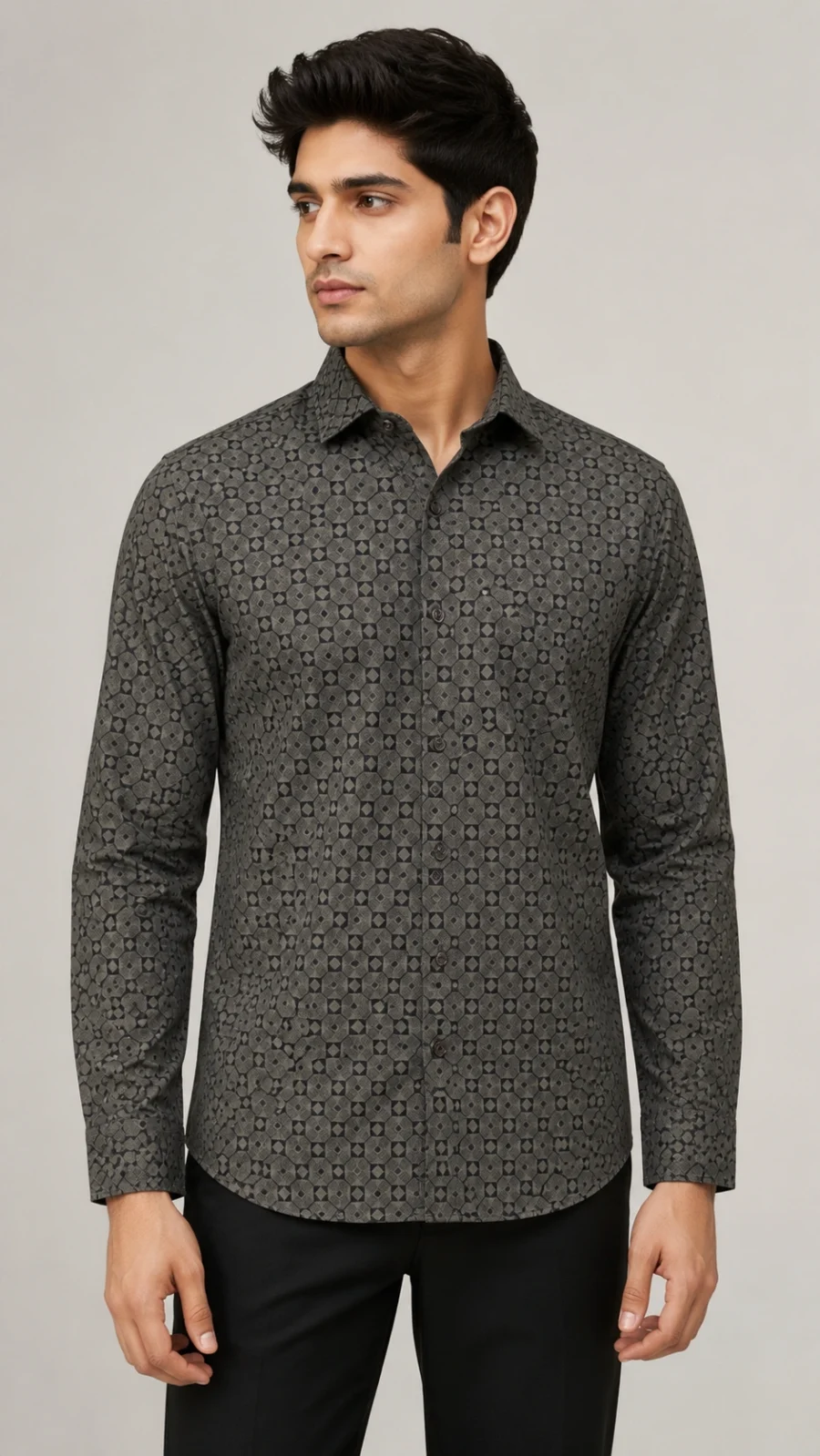 Men's Charcoal Grey Geometric Printed Full Sleeve Casual Shirt