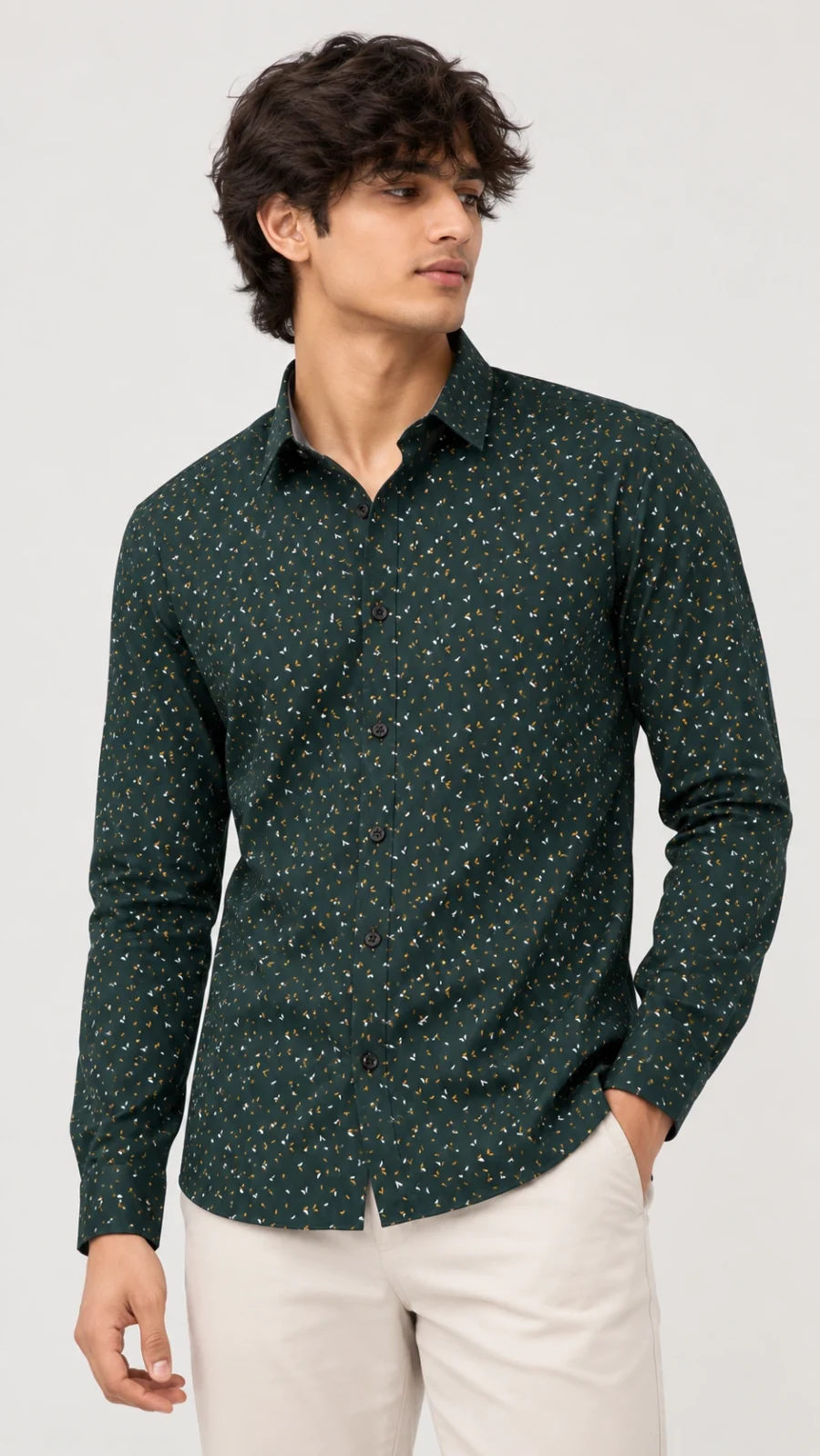 Dark Green Abstract Print Full Sleeve Casual Shirt for Men