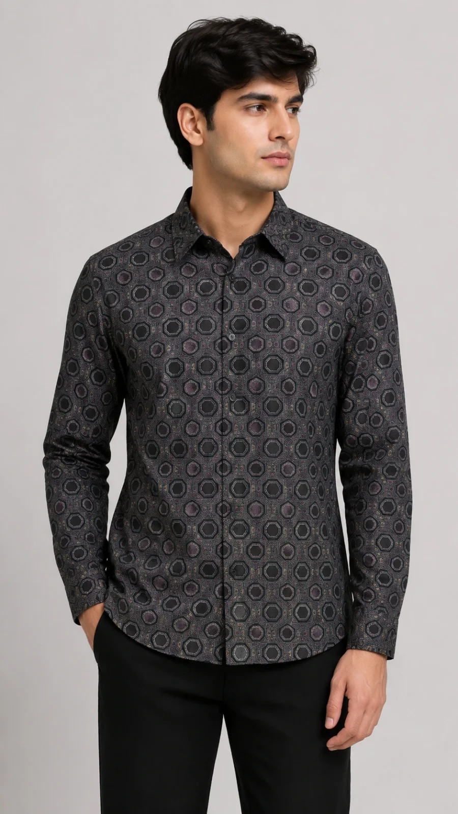 Men's Black Geometric Printed Full Sleeve Casual Shirt