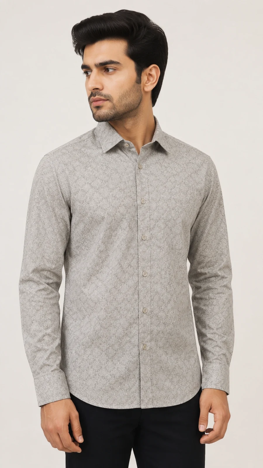 Men's Light Grey Paisley Print Full Sleeve Formal Shirt