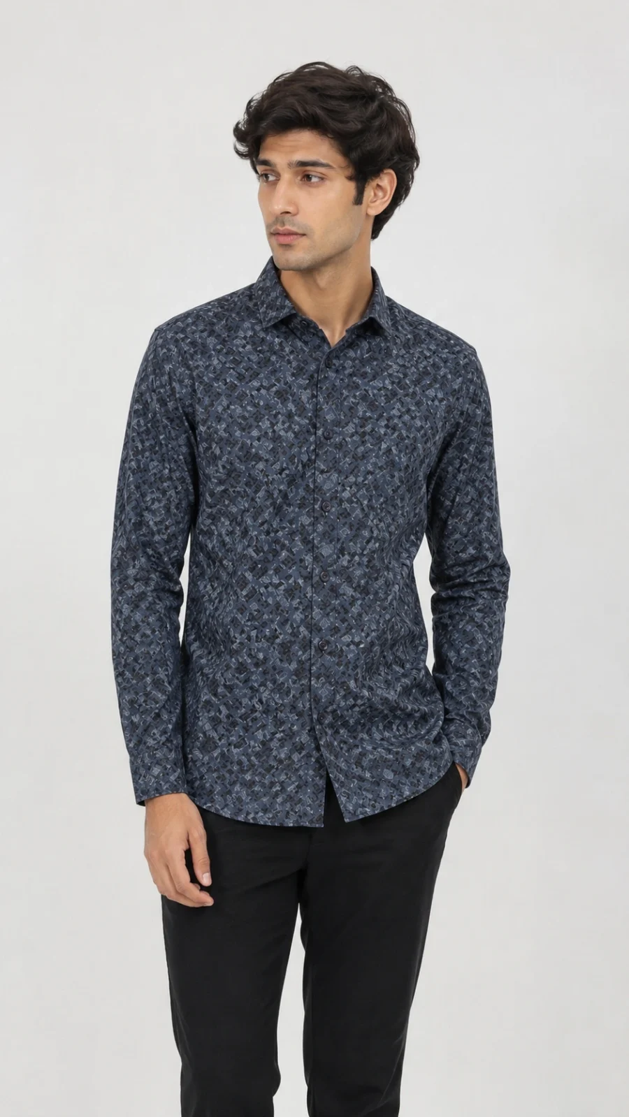 Men's Slate Blue Geometric Print Full Sleeve Casual Shirt