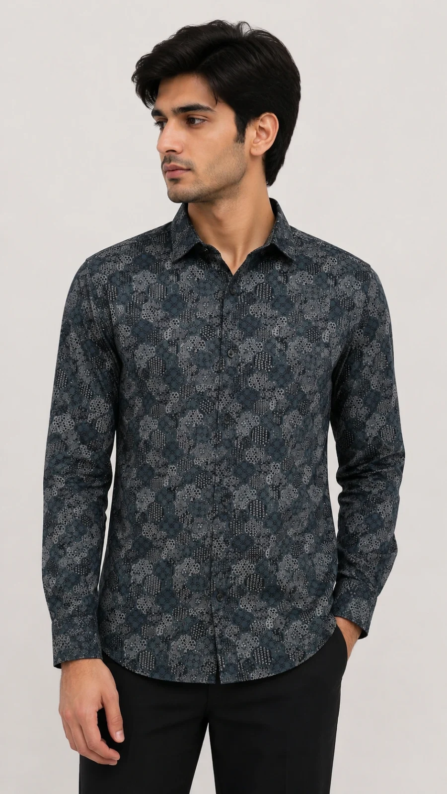Men's Charcoal Grey Geometric Printed Full Sleeve Casual Shirt