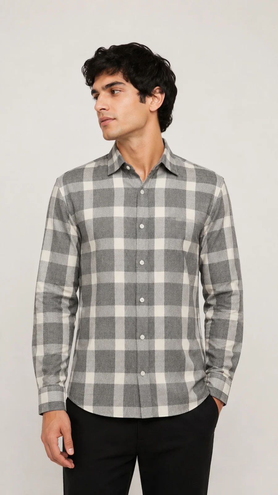 Grey & White Checked Full-Sleeve Casual Shirt