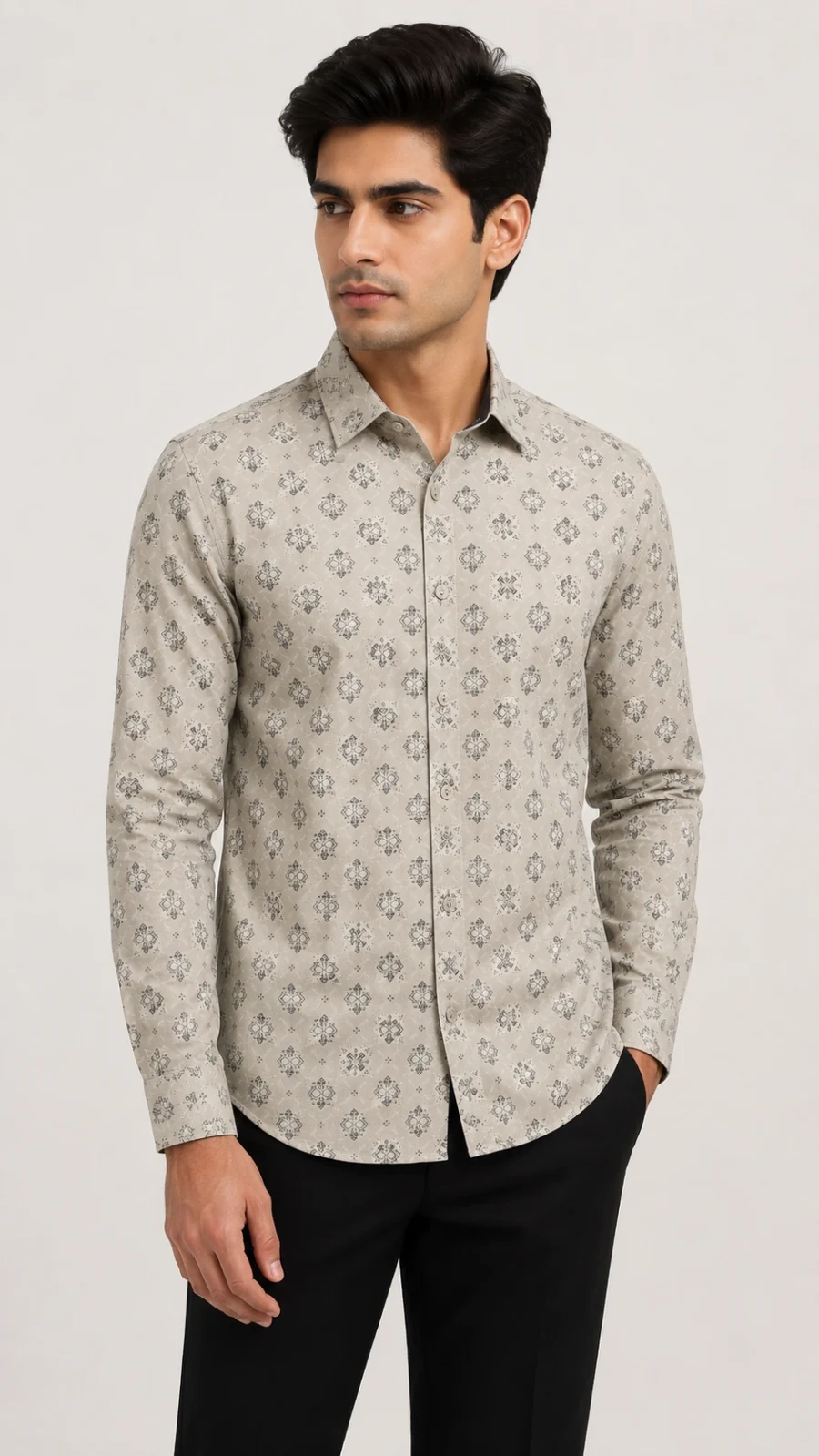Men’s Beige Geometric Print Full-Sleeve Shirt
