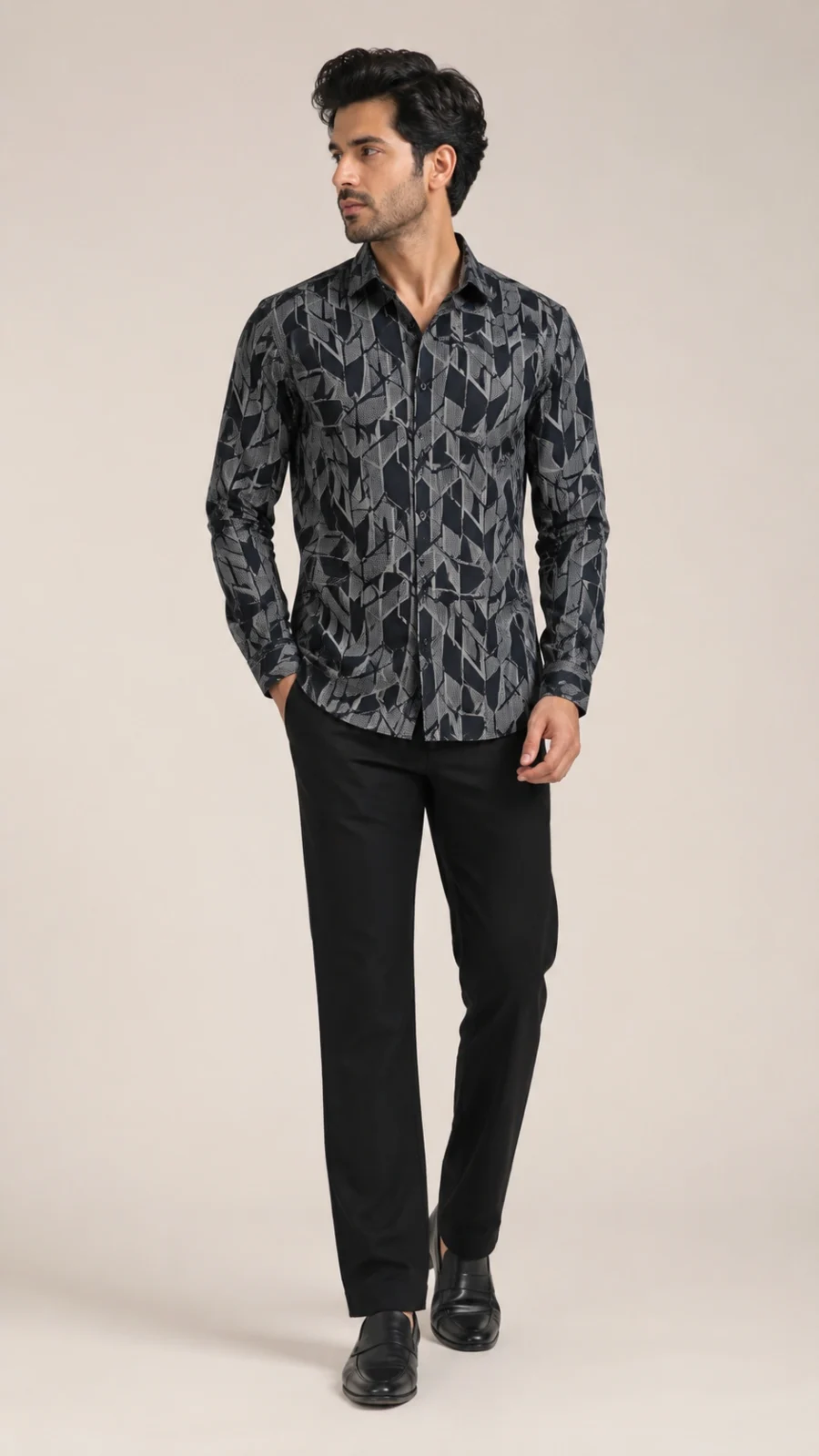 Men's Geometric Print Full Sleeve Casual Shirt – Black & Grey