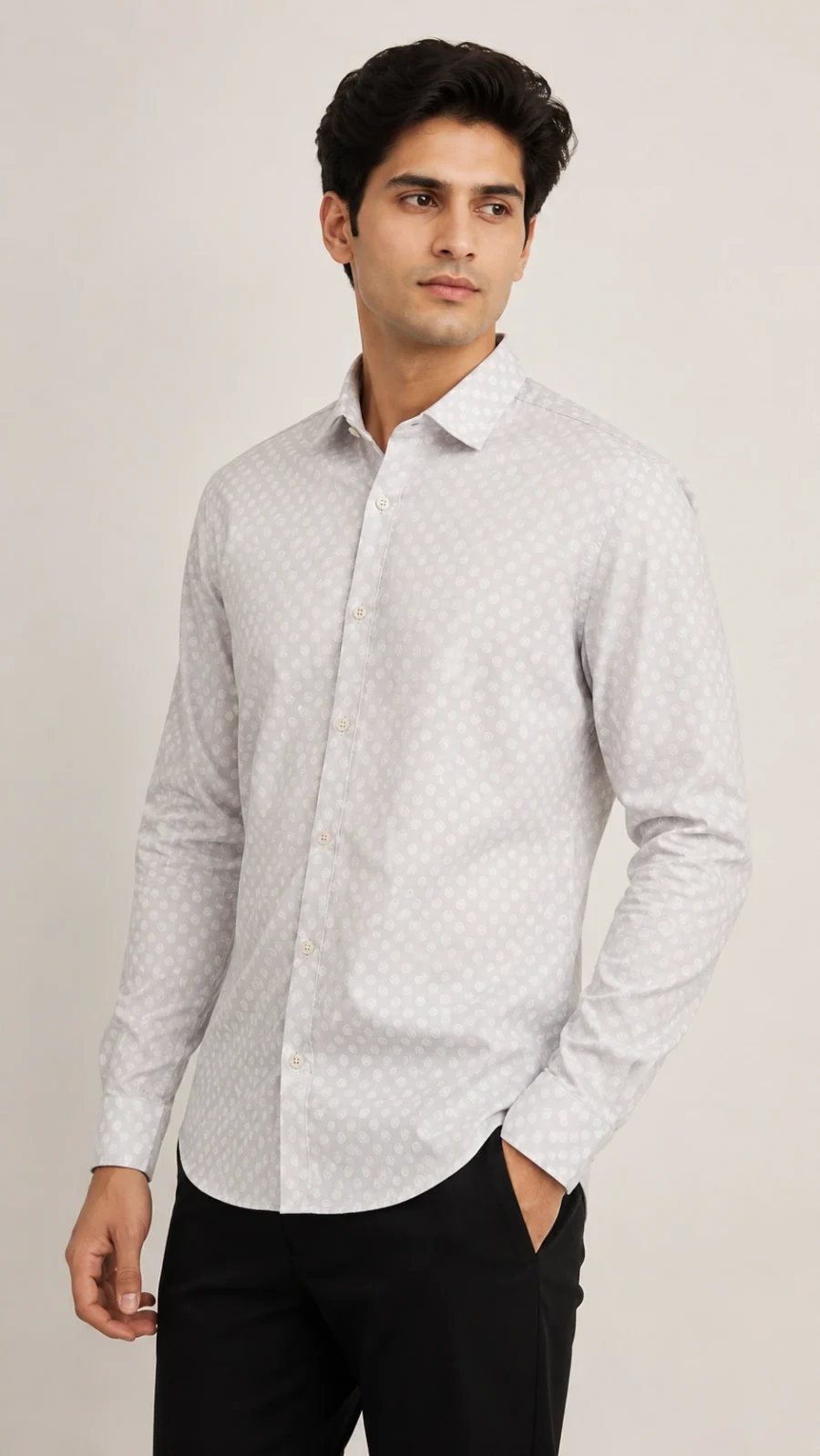 Men's Light Grey Geometric Print Full Sleeve Formal Shirt