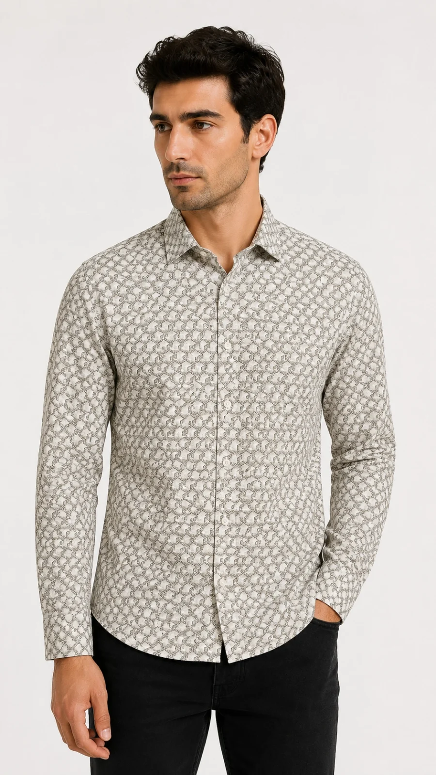 Men's Geometric Print Full Sleeve Casual Shirt – Beige & Grey