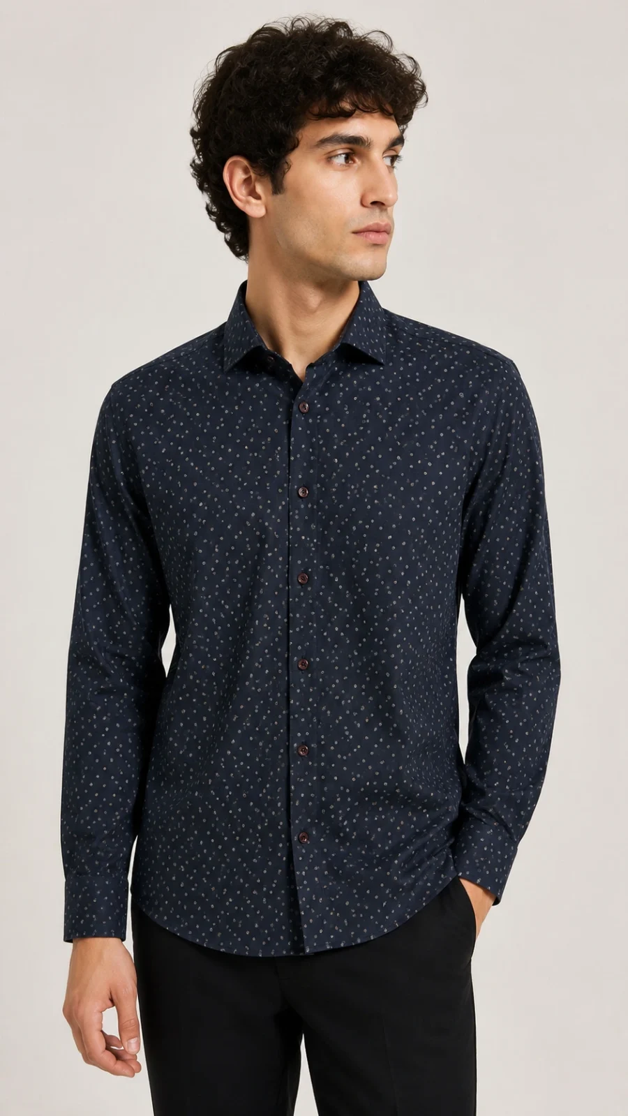 Navy Blue Micro Print Full Sleeve Casual Shirt