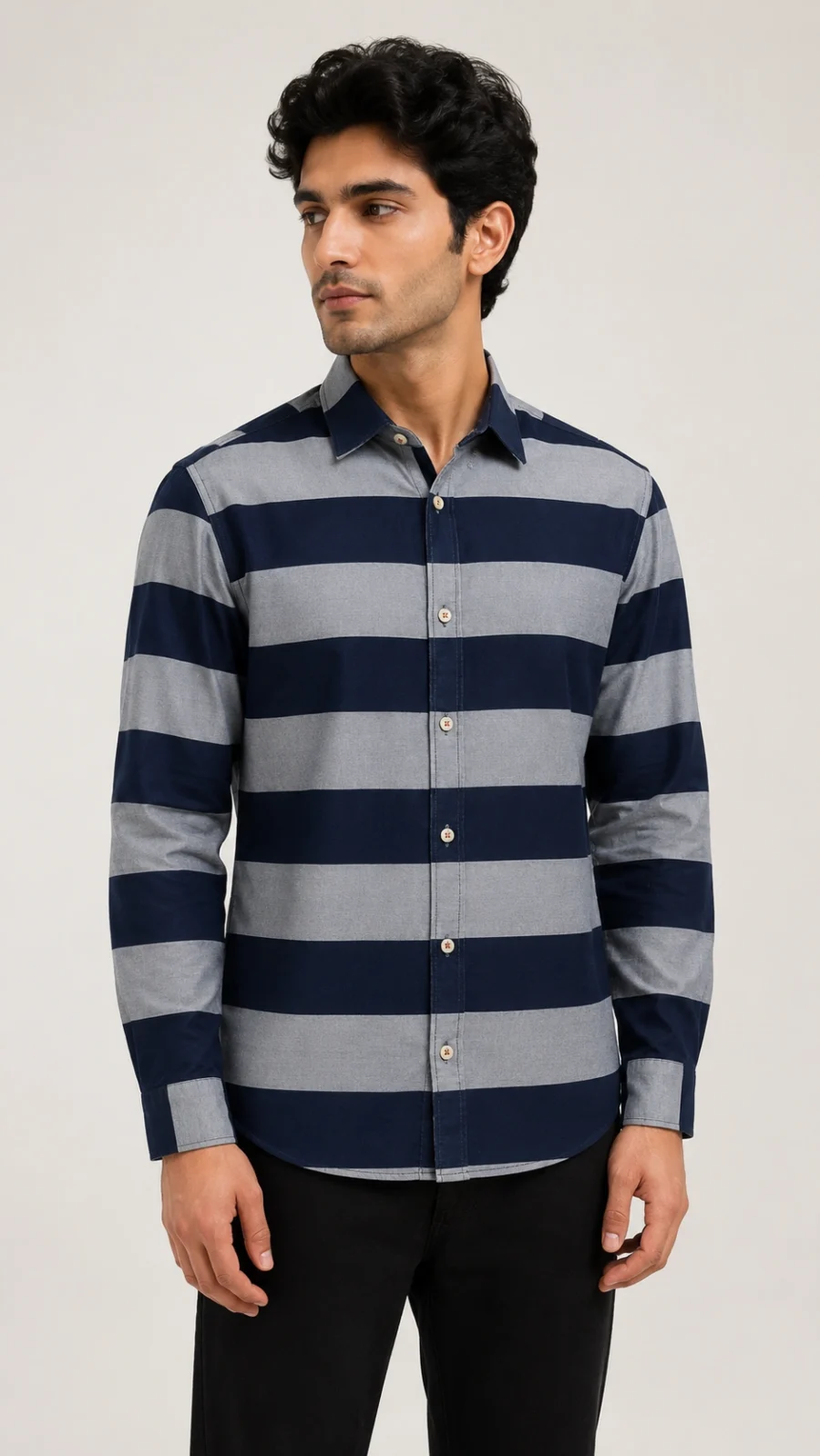 Men’s Navy Blue & Grey Striped Full Sleeve Casual Shirt