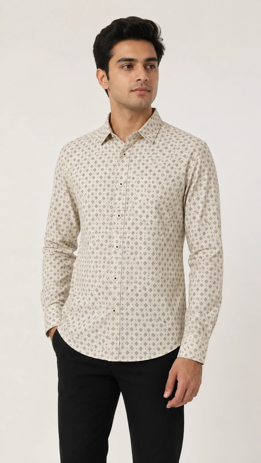 Men’s Beige Geometric Print Full Sleeve Casual Shirt