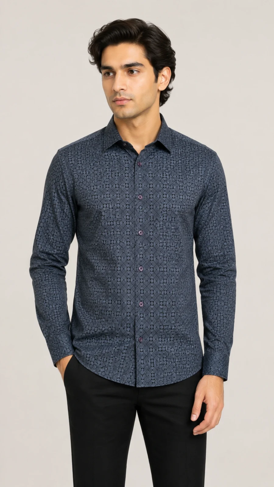 Slate Blue Geometric Print Full Sleeve Casual Shirt