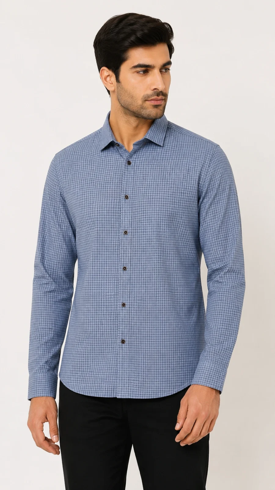 Sky Blue Micro Check Full Sleeve Cotton Blend Shirt