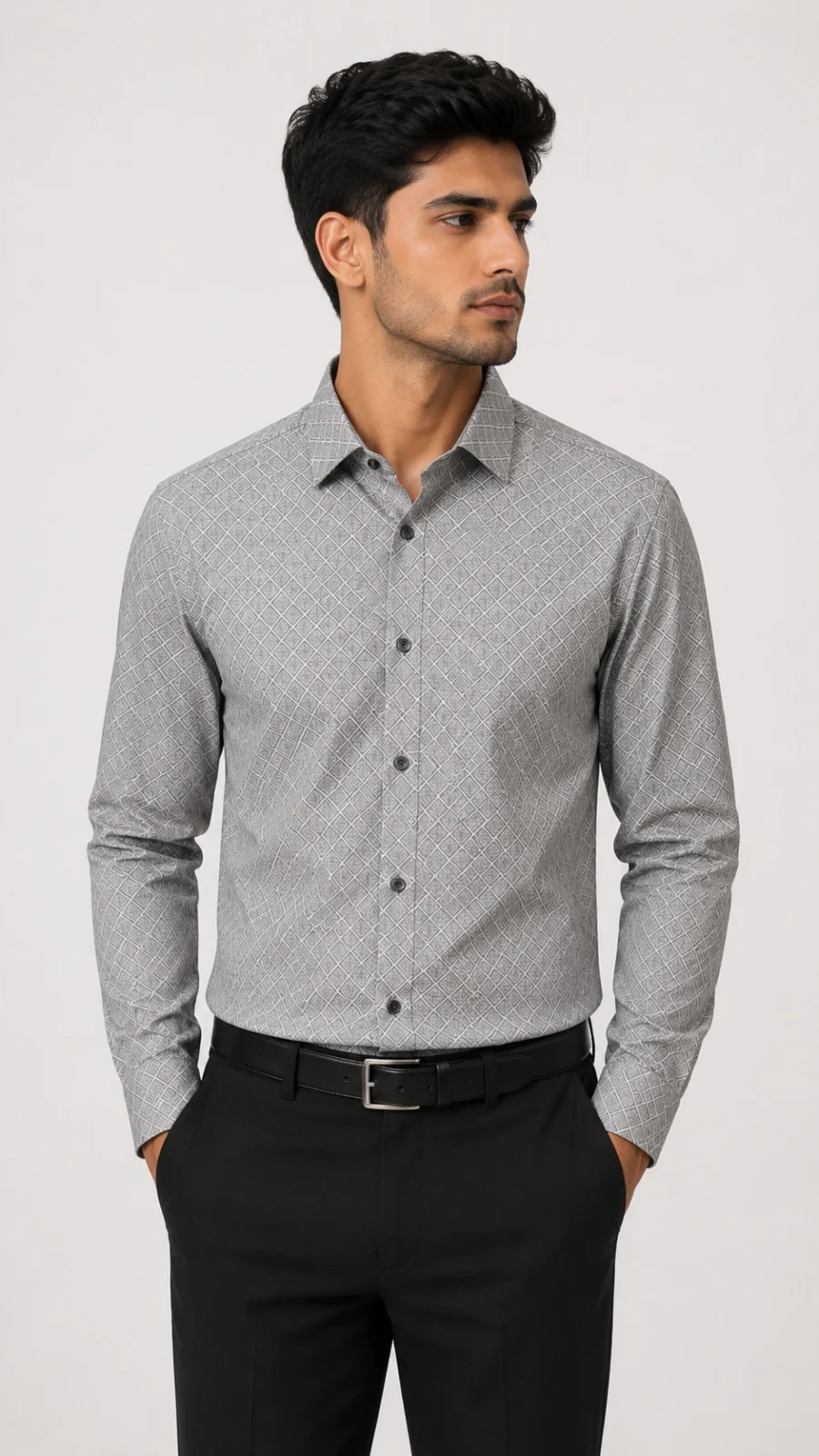 Silver Grey Geometric Print Full Sleeve Formal Shirt