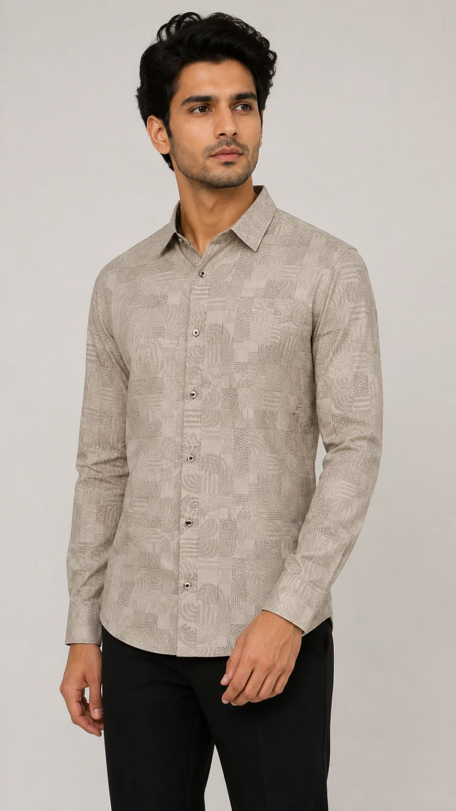 Men's Beige Geometric Print Full Sleeve Casual Shirt
