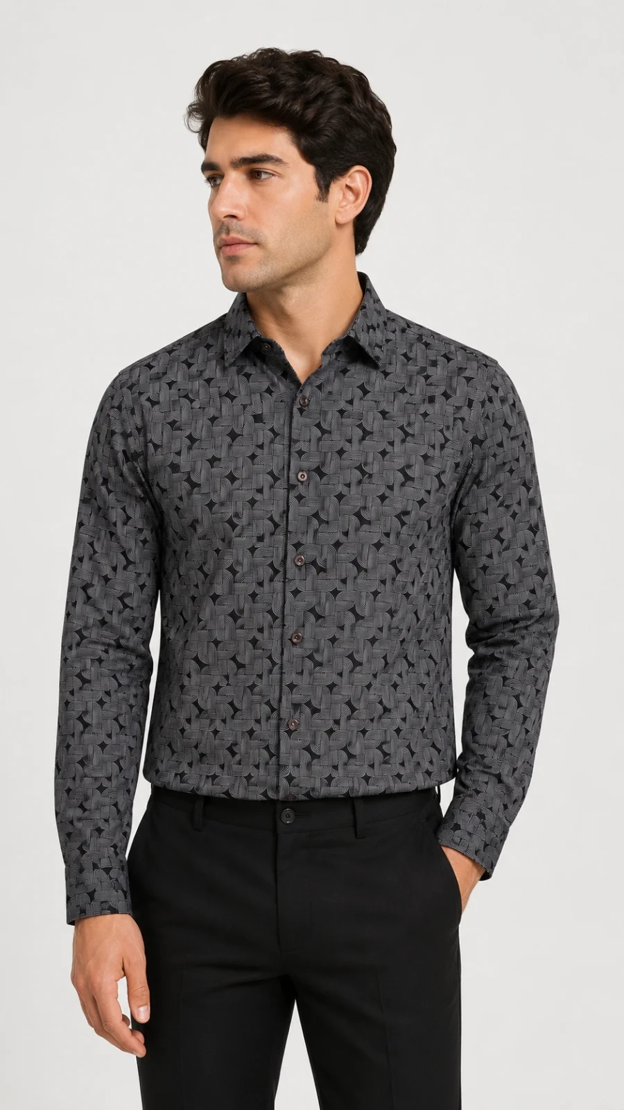 Men's Geometric Pattern Printed Full Sleeve Casual Shirt – Navy Gre
