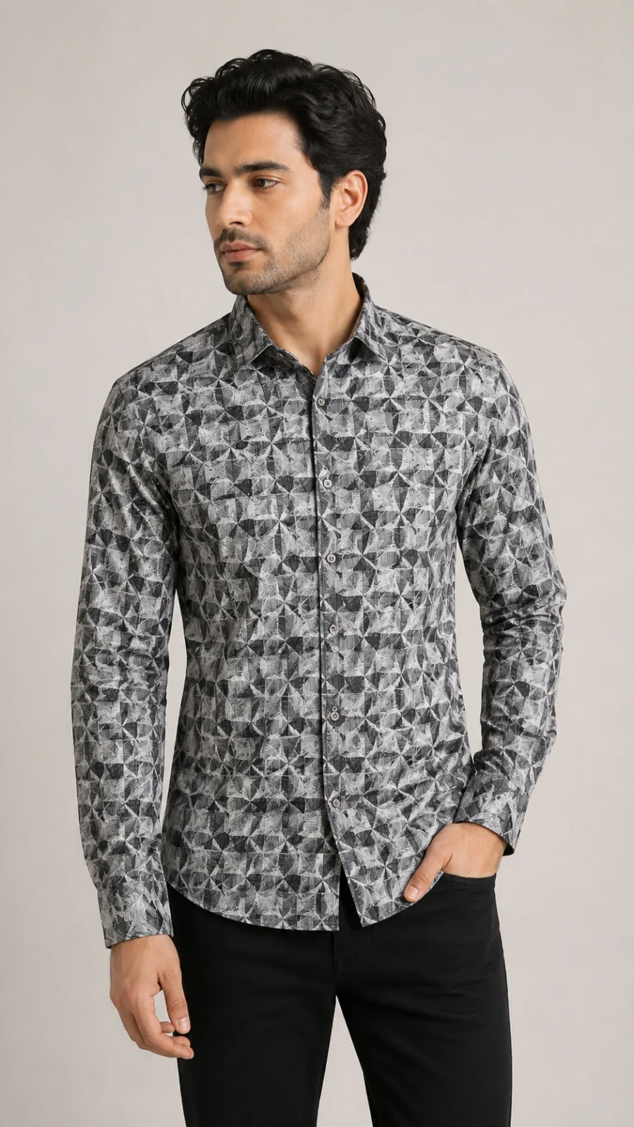 Men’s Grey Geometric Print Full Sleeve Casual Shirt