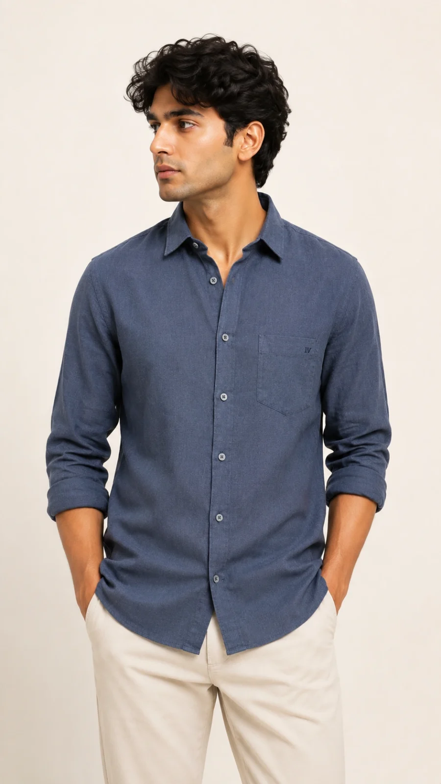 Slate Blue Linen Blend Solid Casual Shirt