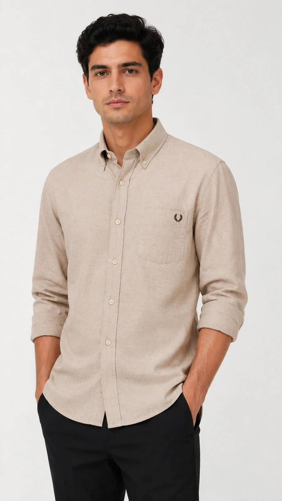 Men's Beige Textured Button-Down Casual Shirt with Chest Pocket