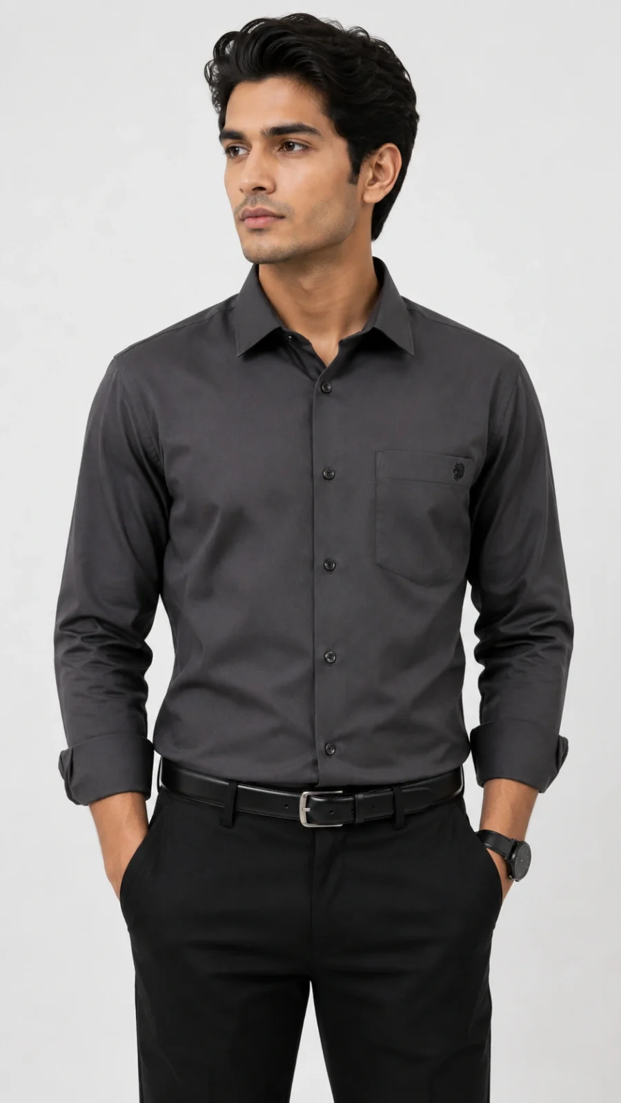 White Lion Men's Charcoal Grey Lycra Stretch Solid Formal Shirt