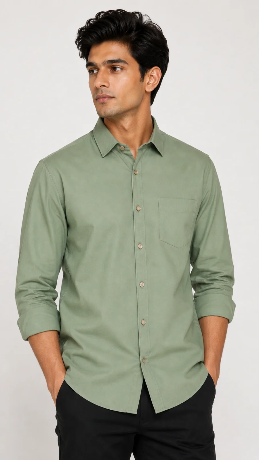 Sage Green Solid Full Sleeve Cotton Blend Casual Shirt for Men