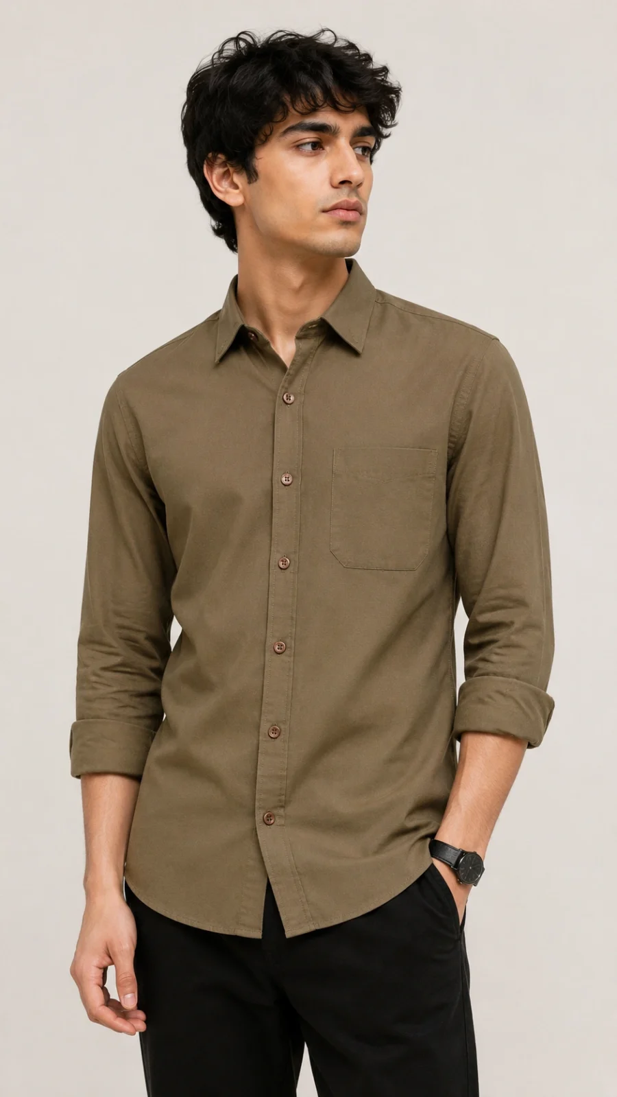Men's Olive Green Solid Casual Cotton Blend Shirt