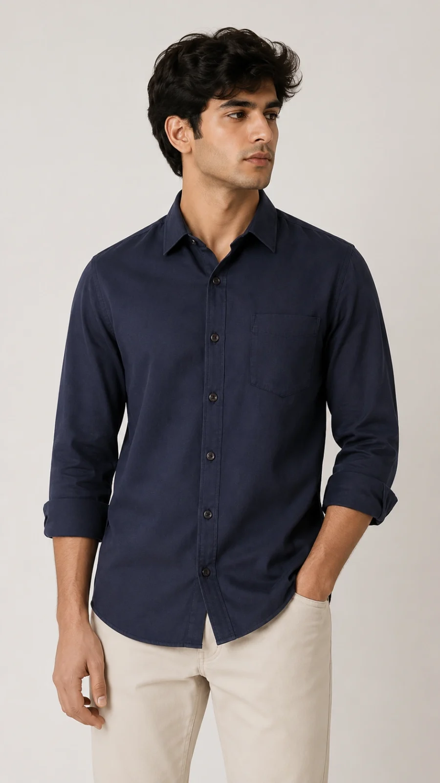 Men's Solid Navy Blue Full Sleeve Cotton Blend Casual Shirt